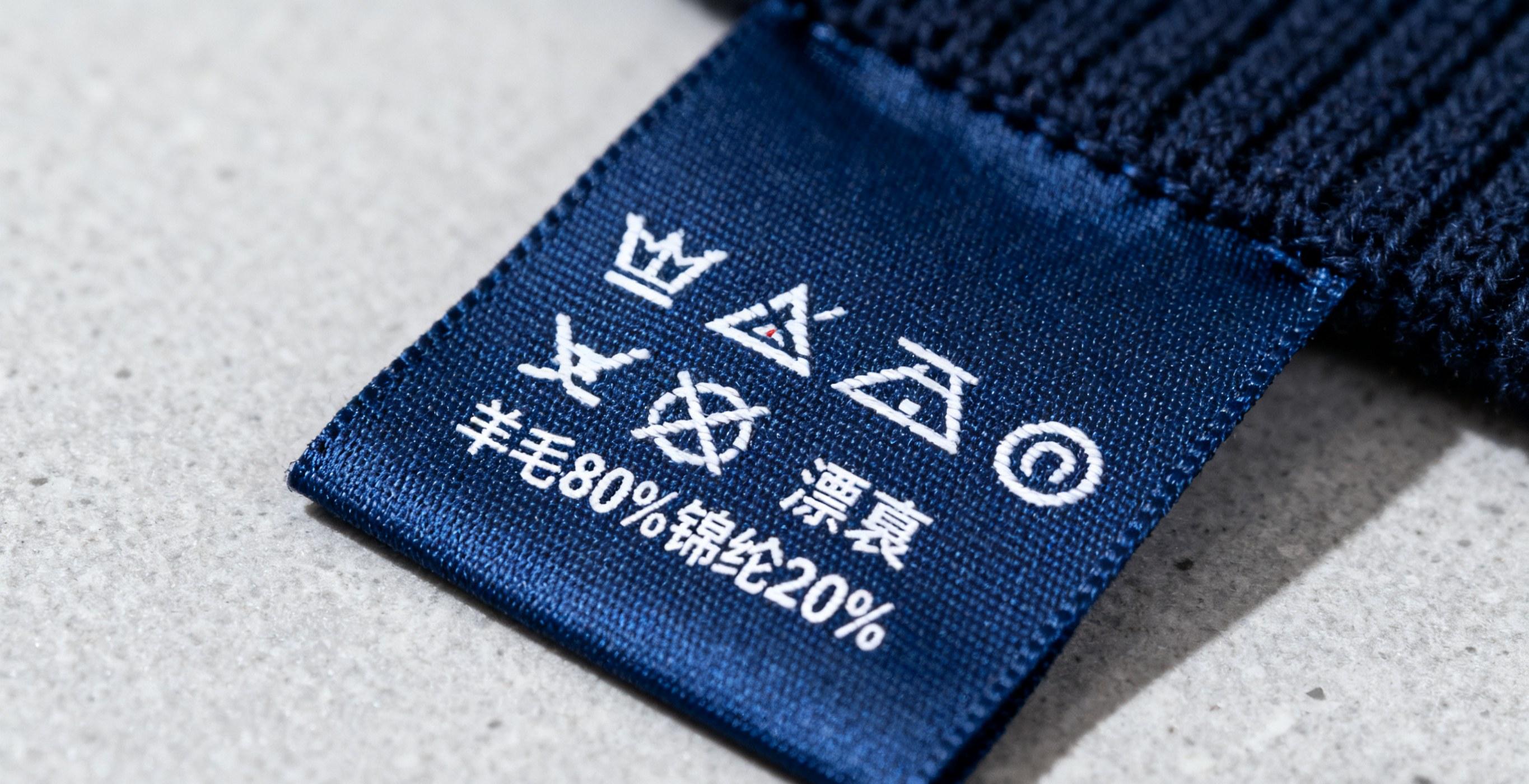 Clothing care tags showing washing instructions and fabric details.